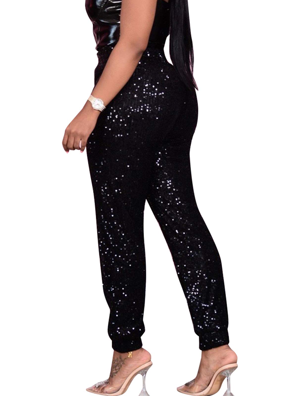 Women Casual Sequin Sparkle Glitter High Waist Pencil Pants Trousers
