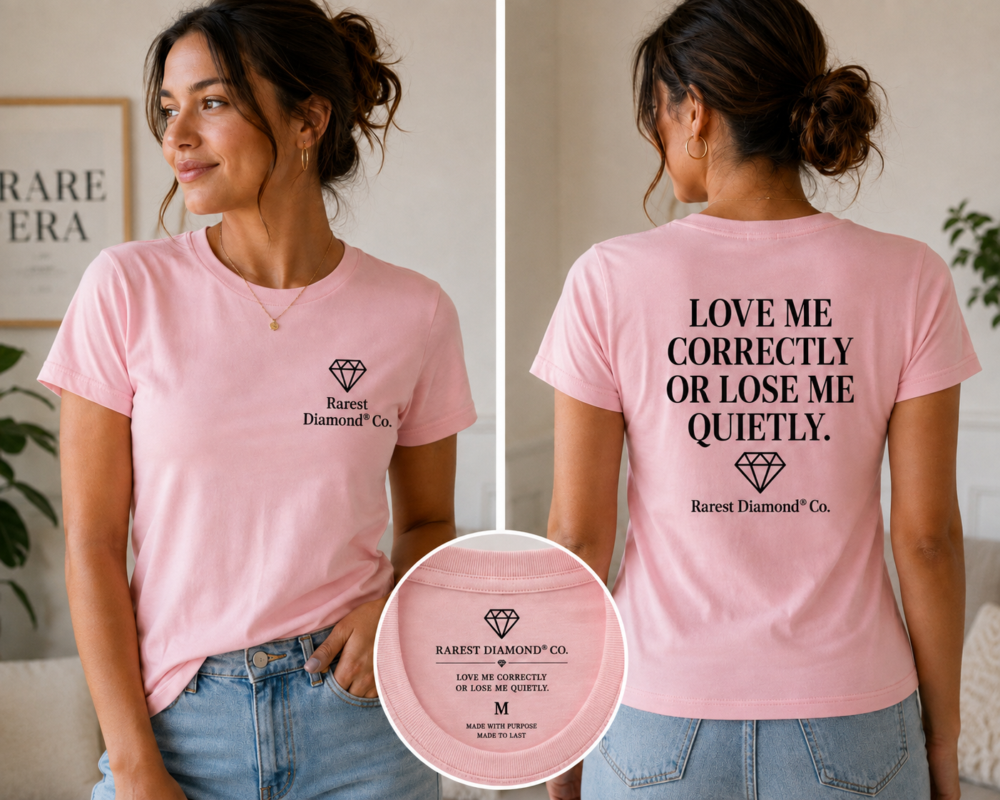 LOVE ME CORRECTLY™ OR LOSE ME QUIETLY™ Women's Graphic T-Shirt | Pink | Rarest Diamond® Co.