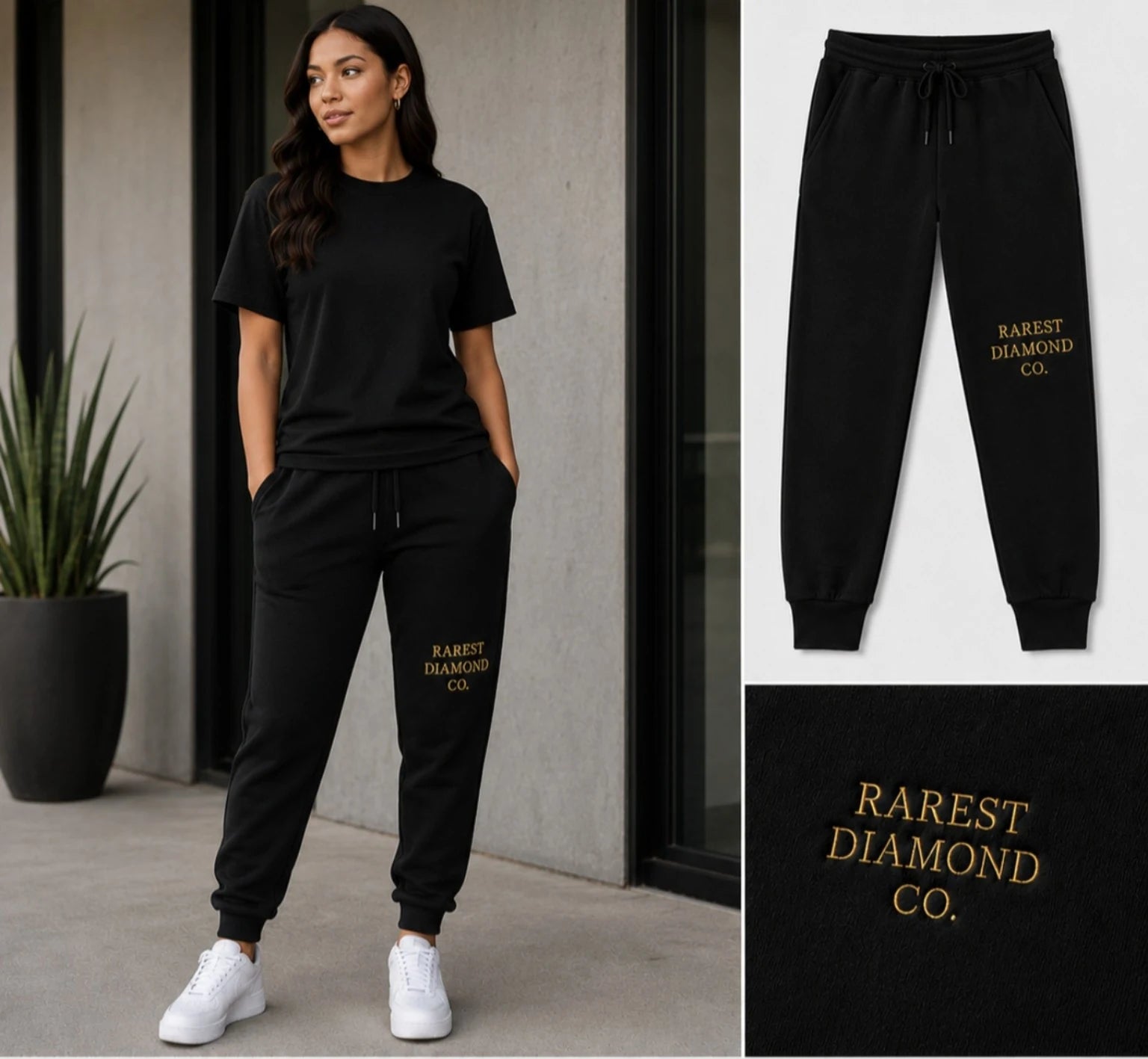 Black Rarest Diamond® Co. jogger set with gold embroidery
