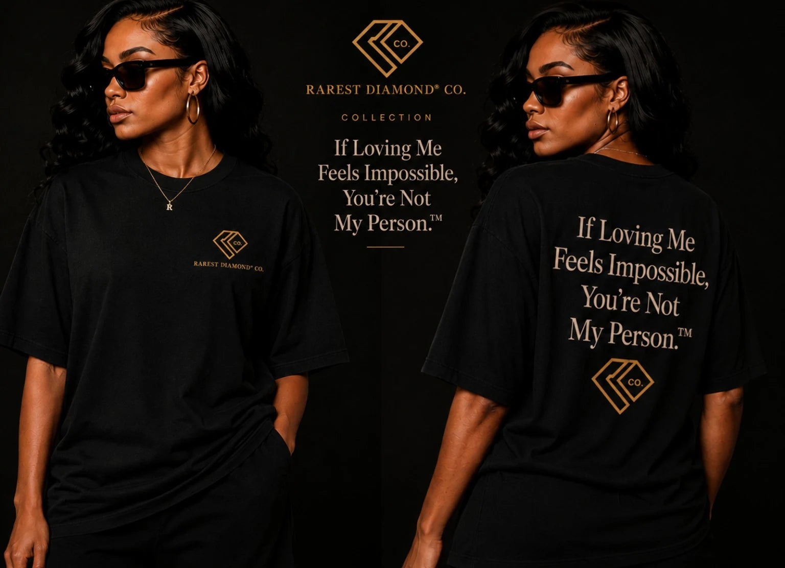 Rarest Diamond® Co. If Loving Me Feels Impossible collection shown on black T-shirts