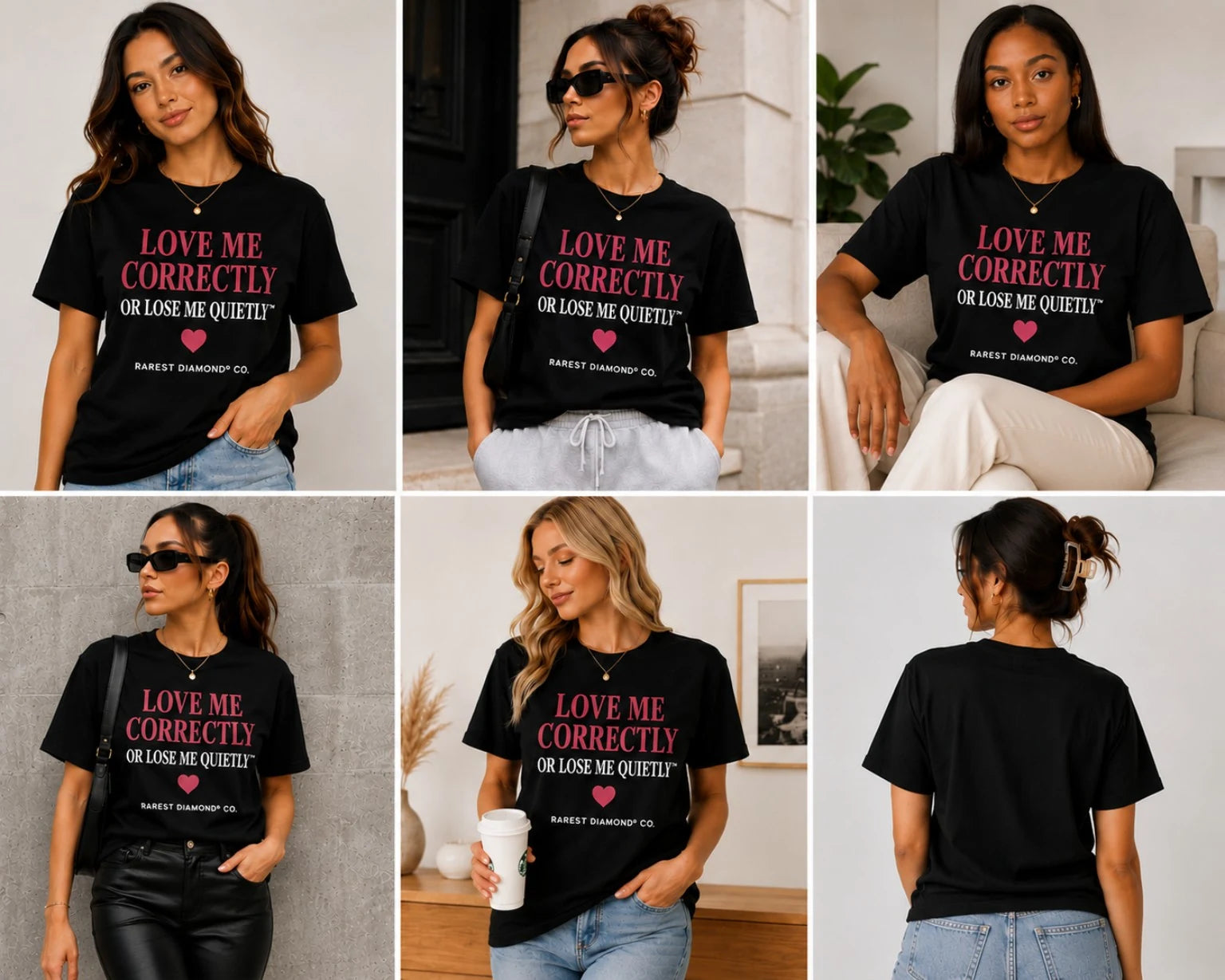 Women modeling black Love Me Correctly statement T-shirts