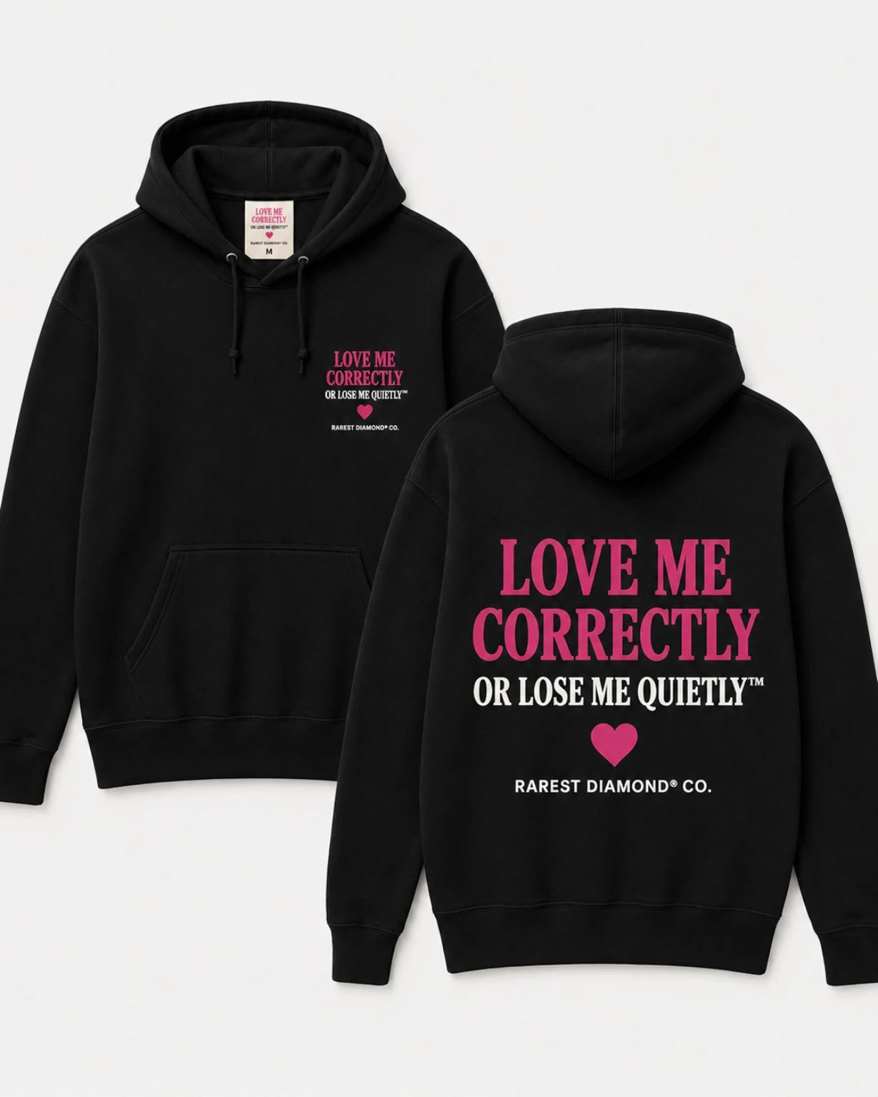 Black Love Me Correctly hoodie shown from front and back